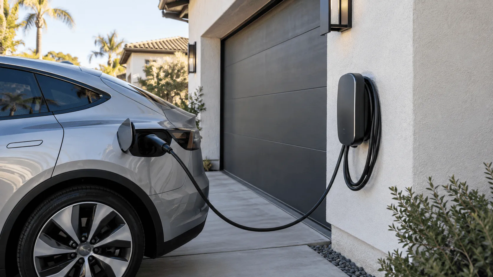Electric vehicle connected to a residential Level 2 charger